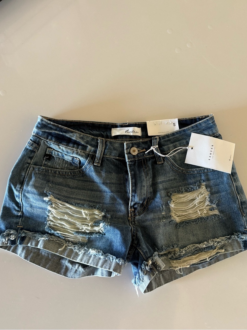 KanCan Distressed Medium Blue Denim Cutoff Shorts